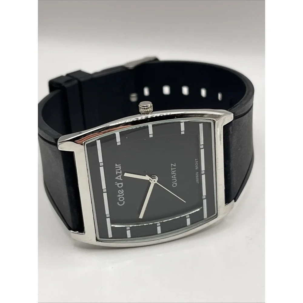Côte d'Azur Men's Quartz Watch Black Resin Band Silver 38mm Case- New Battery‎
